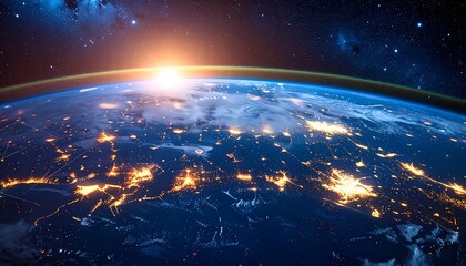Earth from space at sunrise, with city lights and starry background