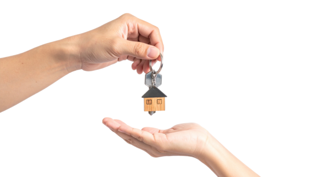Hand Giving House Key with a House Shaped Key Chain Isolated on Transparent Background