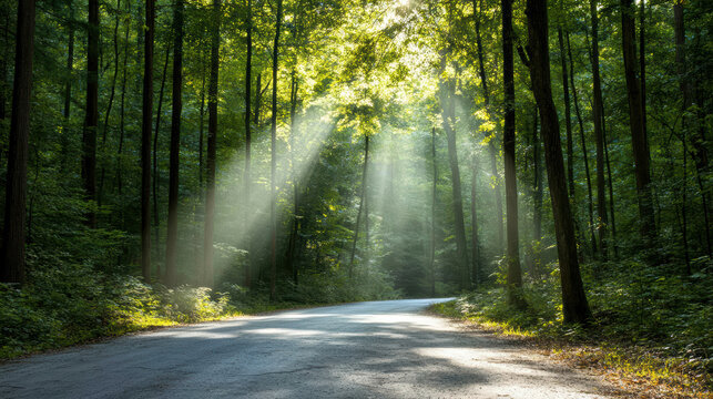 Sunlight filters through tall trees onto quiet forest road, creating serene and peaceful atmosphere. lush greenery and dappled light evoke sense of tranquility