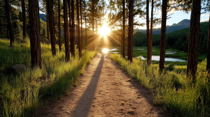 Quiet hike through pine forest at dusk with long shadows and serene atmosphere. sun sets behind trees, casting warm glow over path and surrounding greenery