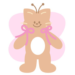 Cute illustration of cat with butterfly wing, ribbon for animal decoration, insect, kitten cartoon, cat drawing, pet shop, vet, characters, comic, mascot, patch, brooch, foster home, adopt cat, nature