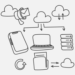 cloud computer related doodle hand drawn style collection