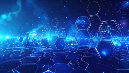 Glowing blue hexagons form futuristic, interconnected network