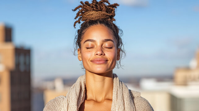 Woman enjoys quiet rooftop moment, standing in sunlight with eyes closed and serene expression. Her hair is styled in bun, and she wears cozy sweater