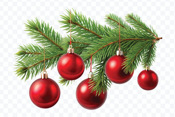 red decoration balls hanging from christmas tree branch isolated on transparent background 