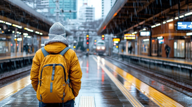 Person in yellow jacket and gray beanie stands on rainy train platform, facing approaching train. scene is urban and atmospheric, with wet surfaces reflecting lights