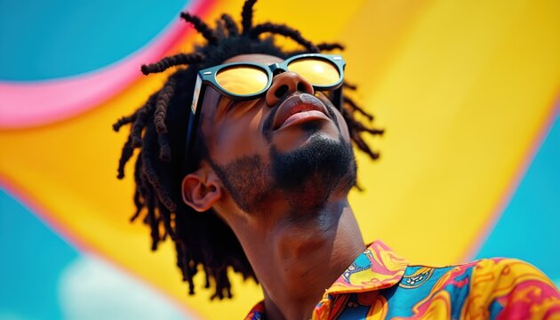 Man with dreadlocks wears sunglasses and a colorful shirt. He looks up against a bright background of yellow blue and pink abstract shapes. Confident youthful style. - Powered by Adobe