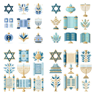 Watercolor Judaica collection featuring Star of David, Torah, menorah, decorative motifs, and religious elements in blue and gold tones. Ideal for cultural, spiritual, and holiday themes.