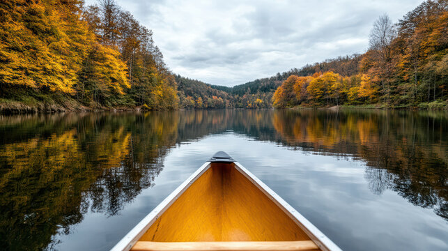 Reflective lake surrounded by autumn trees with canoe in foreground, creating serene and peaceful atmosphere