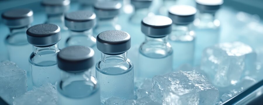 Glass vials with sealed caps sit in ice. Medicine containers for vaccine transport cold storage. Pharmaceutical substances require cool temperature.
