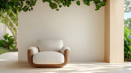 Cozy armchair with wooden frame sits in serene space, surrounded by lush greenery and trailing vines, creating relaxing atmosphere