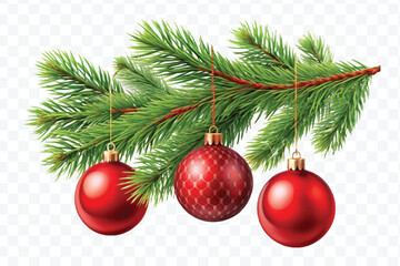 red decoration balls hanging from christmas tree branch isolated on transparent background  © MDShafaat