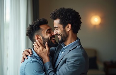 Two happy men share intimate moment. Romantic gay couple embraces smiling. They touch faces laugh. Happy lovers feel love. They show affection close to each other.