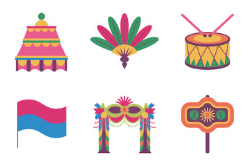 Outline color icons for South American Carnival, illustrating colorful sign, fan, drum, arch entrance, and Brazilian flag,