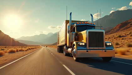 Fototapeta premium Yellow semi truck drives on desert highway during sunny day. Big rig hauls cargo across western USA landscape. Mountainous terrain and arid brush surround road.