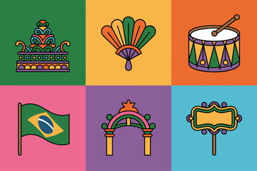 Flat vector icons for Brazilian Carnival, featuring parade sign, samba drum, tambourine, fan, arch, and Brazil flag,