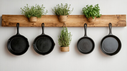 Rustic kitchen wall display features wooden shelves with hanging cast iron pans and potted herbs, creating cozy and inviting atmosphere
