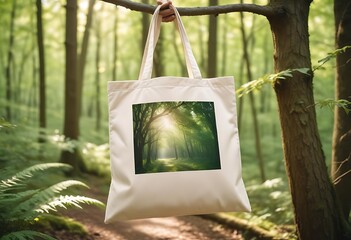 Eco friendly tote bag with forest scene print hanging in lush green woods