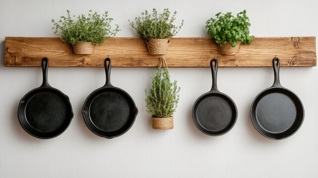 Rustic kitchen wall display features wooden shelves with hanging cast iron pans and potted herbs, creating cozy and inviting atmosphere