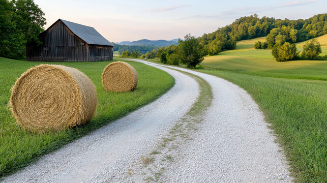 Rustic countryside road winds past old barns and hay bales, surrounded by lush green fields and distant hills under clear sky
