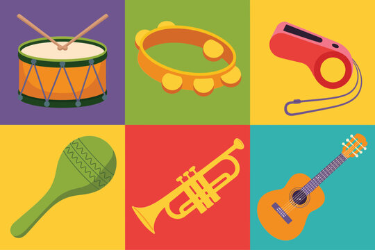 Outline color icons for festive music, illustrating maraca, tambourine, trumpet, whistle, drum, and guitar instrument,