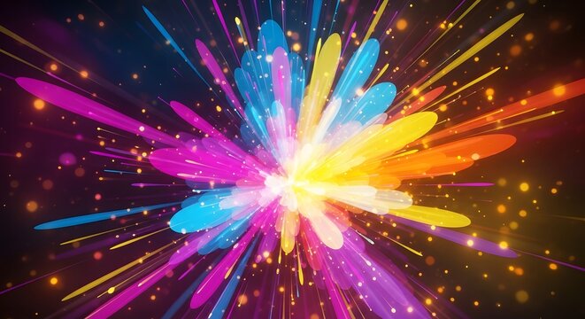 Colorful abstract explosion of light and particles creating a vibrant and dynamic visual display in a dark background