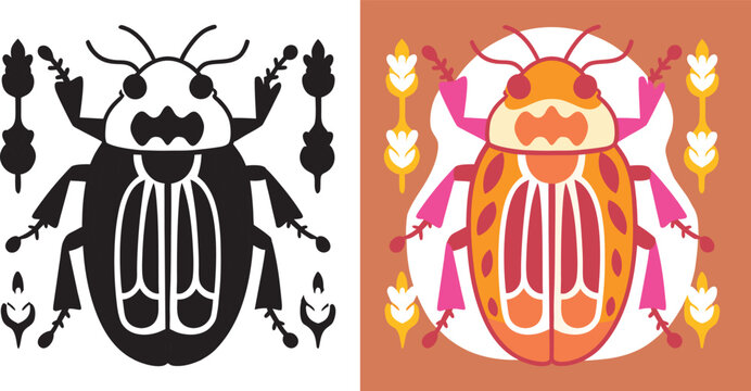 Colorful beetle design, perfect for adding a fun, playful touch to your next project, vibrant insect art in contrasting black and orange hues, nature inspired