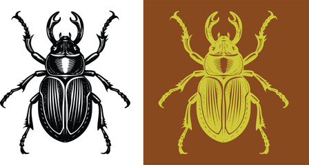 Stylized scarab beetle illustration in black and yellow, perfect for vintage designs, entomology projects, or unique artistic creations that need an ancient touch