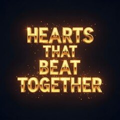 A vibrant digital graphic with glowing golden text that reads 'Hearts That Beat Together' against a dark background, symbolizing love, connection, and unity in a visually striking manner