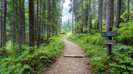 Serene hiking path through evergreen forest with mist in distance, surrounded by lush greenery and tall trees, creating peaceful and tranquil atmosphere