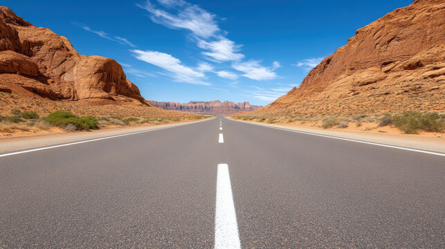 Scenic desert highway stretches between painted cliffs under clear blue sky, evoking sense of adventure and freedom