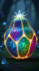 A glowing, fantastical egg-shaped object with vibrant colors and intricate patterns, surrounded by a mystical forest environment, creating a magical and surreal atmosphere
