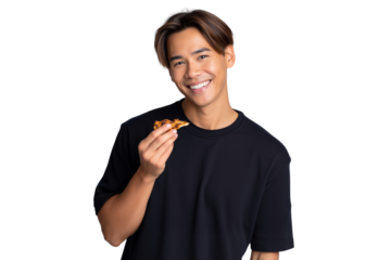 Happy young man enjoying a slice of pizza, isolated on transparent background