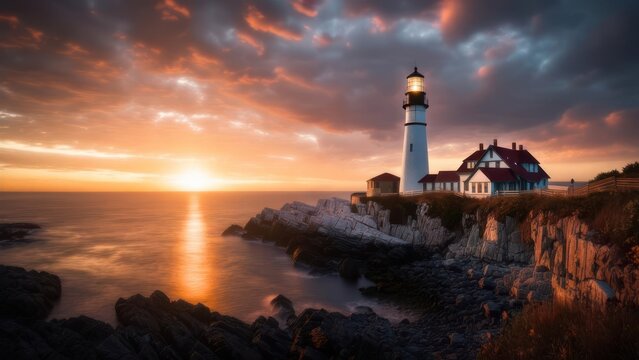 Dramatic sunrise over a lighthouse
