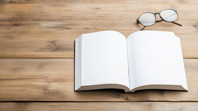 Open book with blank pages lies on wooden table next to pair of eyeglasses, creating calm and inviting reading space