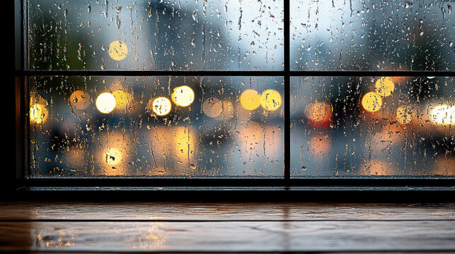 Raindrops on window with blurred city lights create cozy, reflective atmosphere. warm glow of lights contrasts with cool, wet glass, evoking sense of calm and introspection