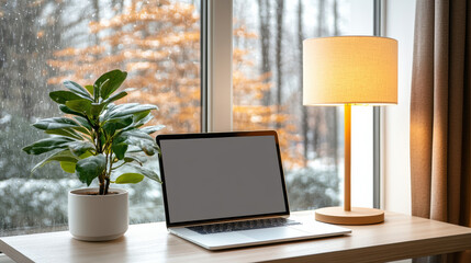 Cozy desk setup with laptop, potted plant, and warm lamp beside rain soaked window, creating serene atmosphere
