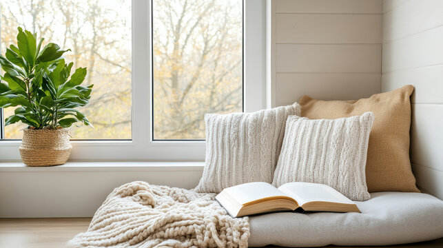 Cozy reading nook with pillows, blanket, and open book by window, creating serene atmosphere. potted plant adds touch of nature to scene