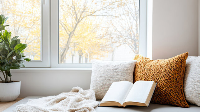 Cozy reading nook with pillows, blanket, and open book by window, creating peaceful atmosphere - Powered by Adobe