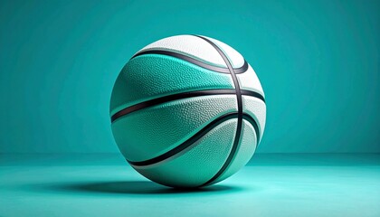 Teal and white basketball resting on teal surface with teal background