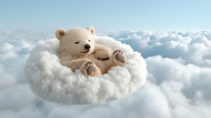 Soft bear floats peacefully on fluffy cloud, surrounded by serene sky, evoking sense of tranquility and whimsy