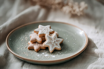 Star-shaped cookies are beautifully arranged on a green plate, surrounded by soft textures, evoking a festive holiday atmosphere