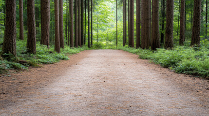 Soft dirt path under tall cedar trees with pine needles scattered on ground, creating serene and peaceful forest atmosphere