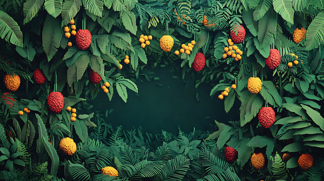 Lush Tropical Foliage with Hanging Fruits A Vibrant Forest Scene for Backgrounds and Design