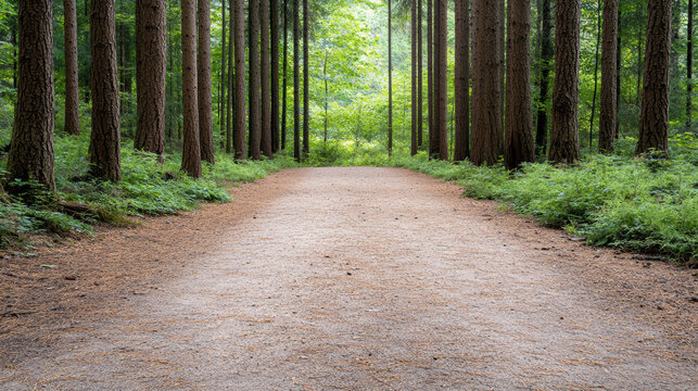 Soft dirt path under tall cedar trees with pine needles scattered on ground, creating serene and peaceful forest atmosphere - Powered by Adobe
