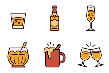 Flat vector icons for festive drinks, showing champagne, whiskey, punch, cocktails, representing celebration and holiday parties,