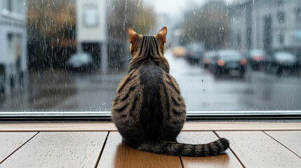 Cat sits on wooden floor, gazing out window at raindrops on rainy day, creating serene and contemplative atmosphere