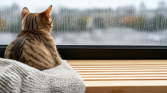 Cat sits on cozy blanket by window, watching raindrops on rainy day. scene is peaceful and serene, capturing essence of soft, rainy day