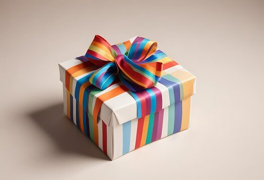 Colorful striped gift box with a rainbow ribbon bow on a light background