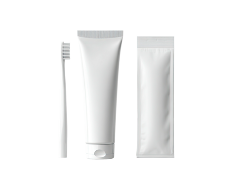 White toothbrush, toothpaste tube, and package